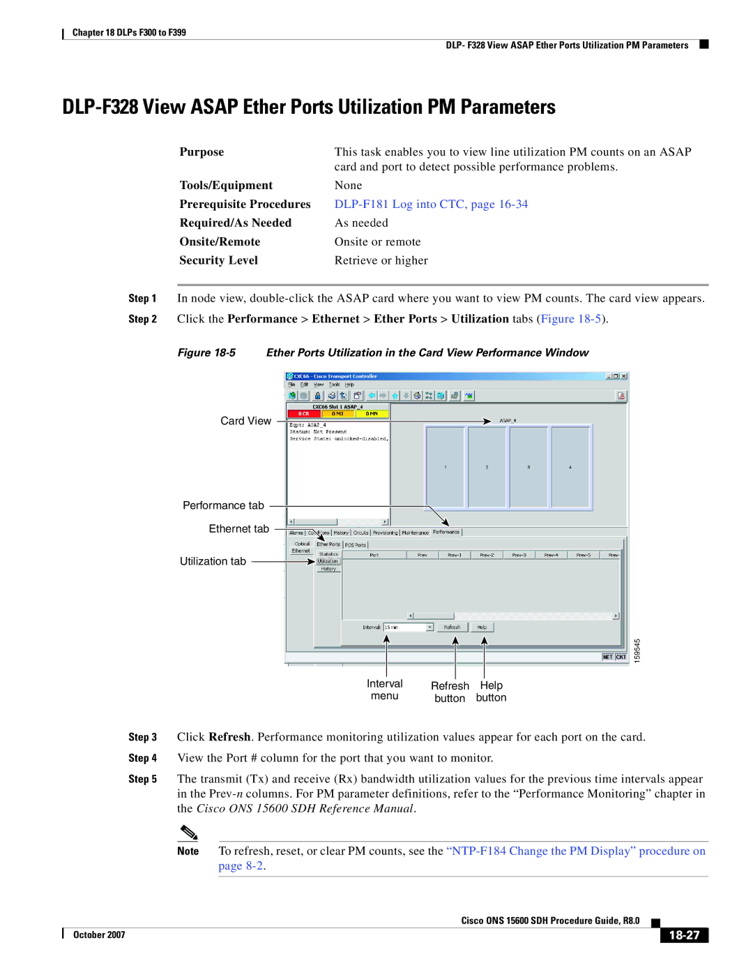 Cisco Systems ONS 15600 SDH manual DLP-F328 View Asap Ether Ports Utilization PM Parameters, 18-27 