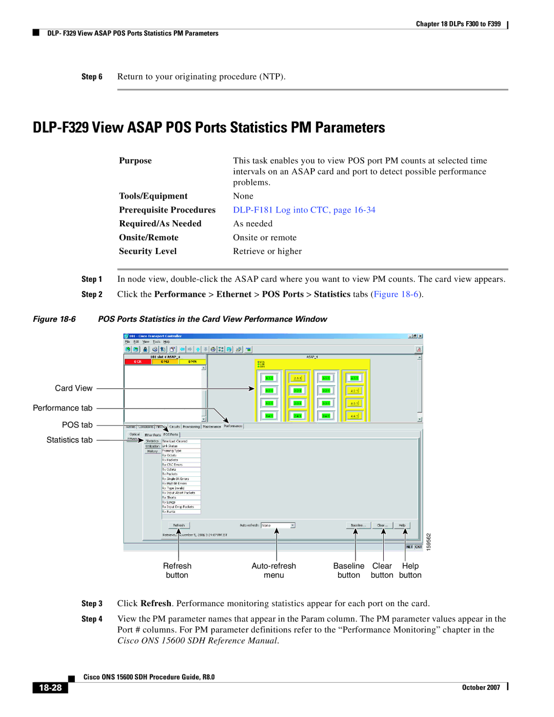 Cisco Systems ONS 15600 SDH manual DLP-F329 View Asap POS Ports Statistics PM Parameters, 18-28 