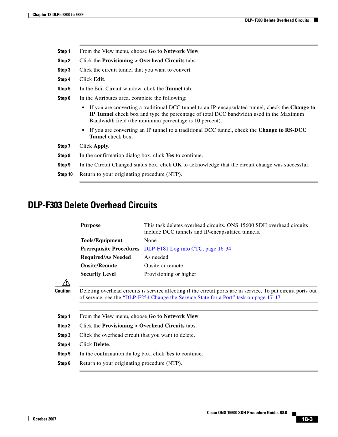 Cisco Systems ONS 15600 SDH manual DLP-F303 Delete Overhead Circuits, Click the Provisioning Overhead Circuits tabs, 18-3 