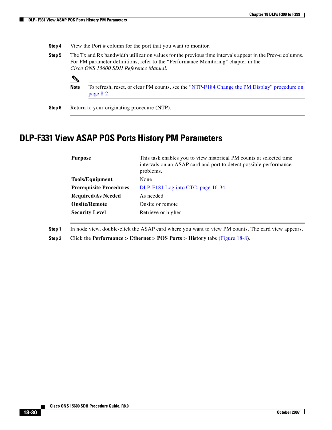 Cisco Systems ONS 15600 SDH manual DLP-F331 View Asap POS Ports History PM Parameters, 18-30 