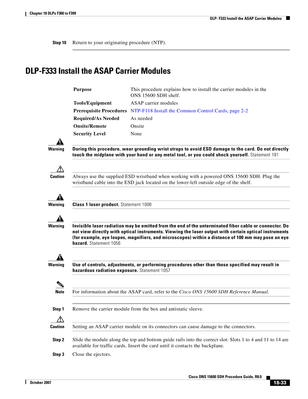 Cisco Systems ONS 15600 SDH manual DLP-F333 Install the Asap Carrier Modules, 18-33 