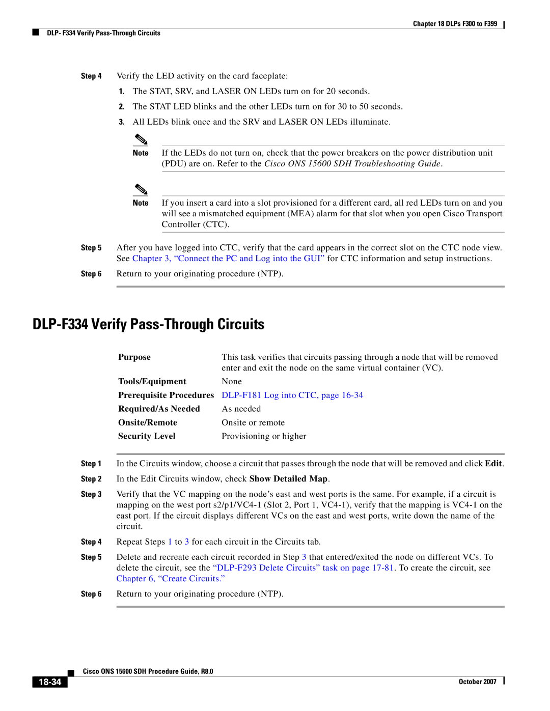 Cisco Systems ONS 15600 SDH manual DLP-F334 Verify Pass-Through Circuits, 18-34 