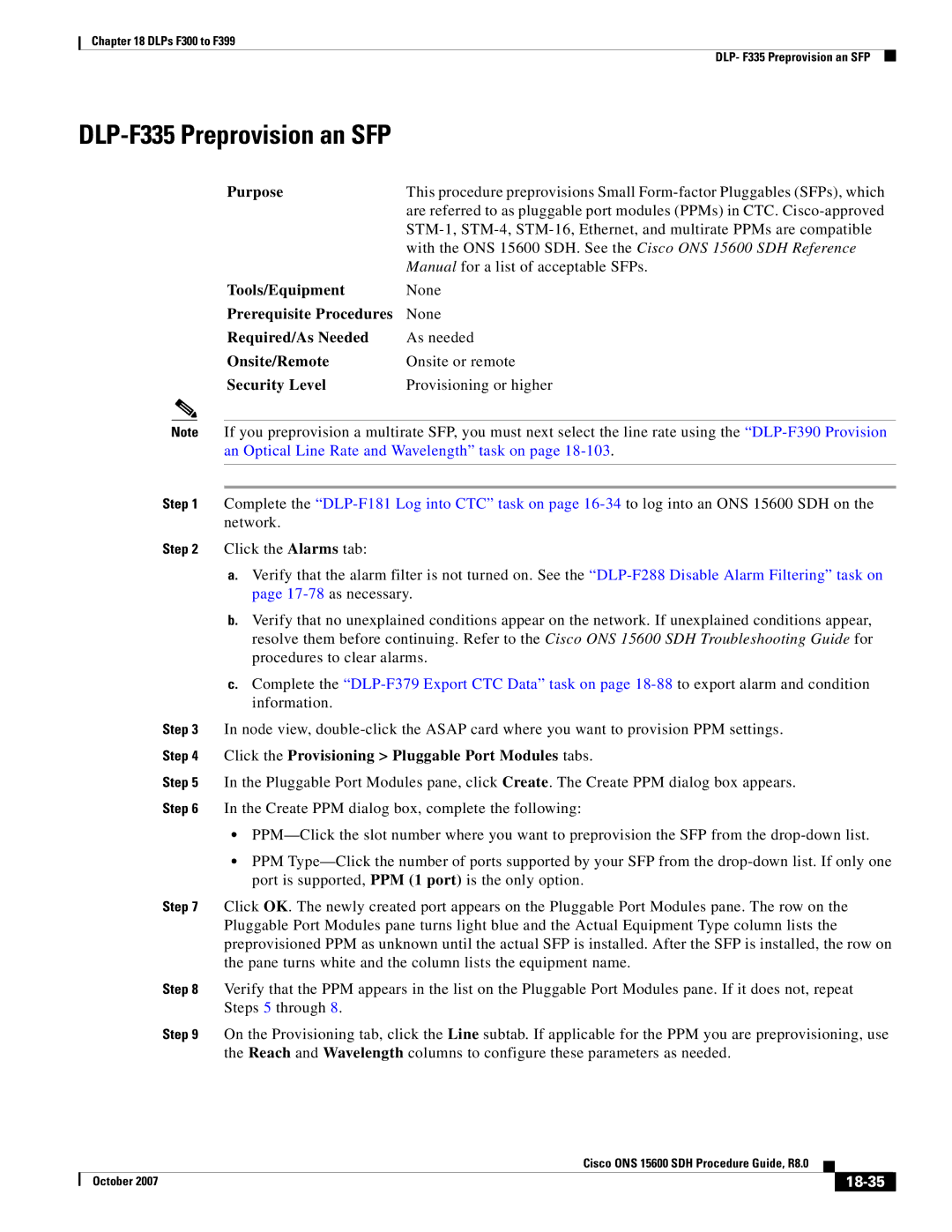 Cisco Systems ONS 15600 SDH manual DLP-F335 Preprovision an SFP, 18-35 