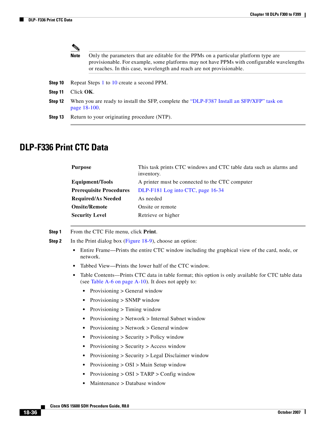 Cisco Systems ONS 15600 SDH manual DLP-F336 Print CTC Data, 18-36 