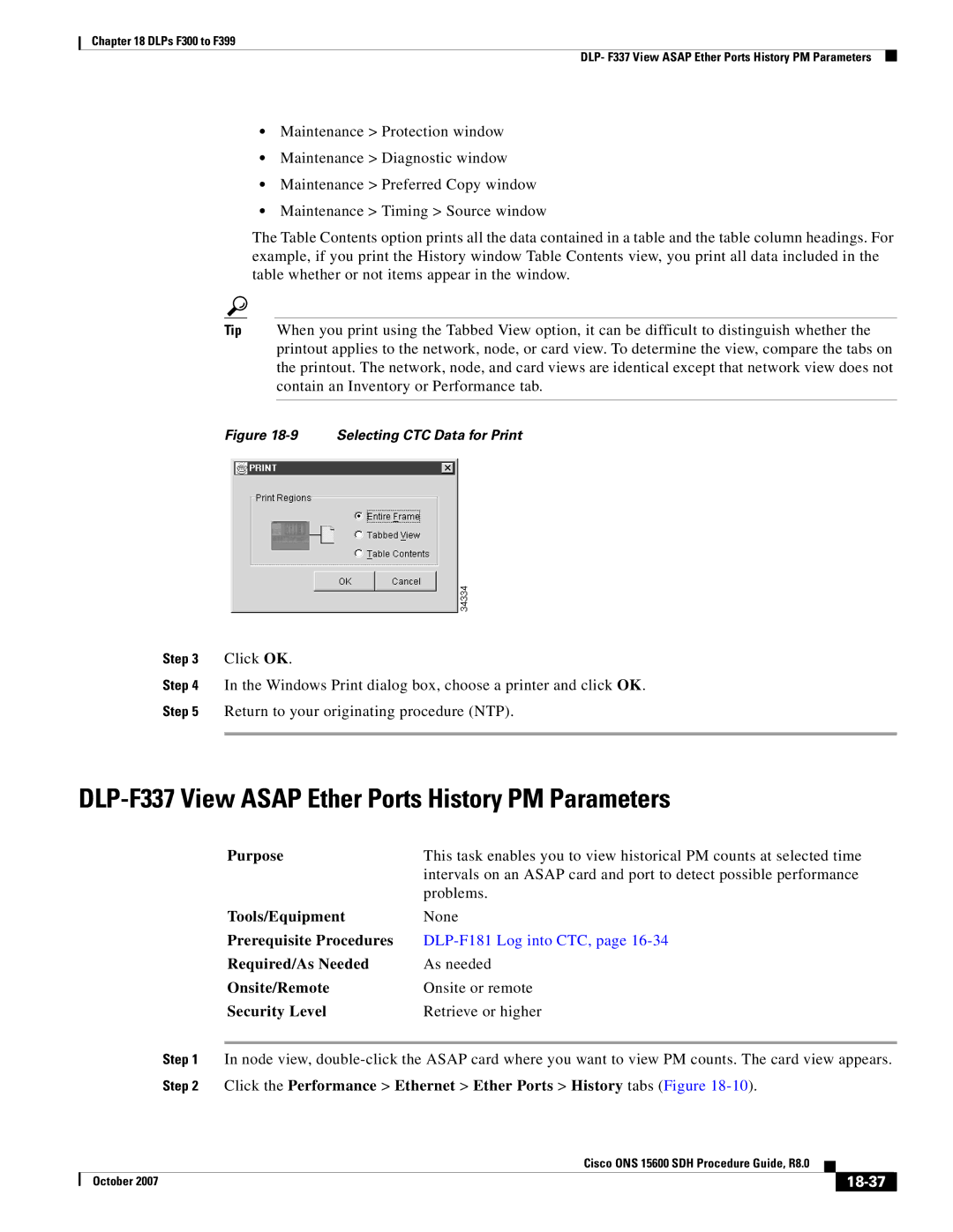 Cisco Systems ONS 15600 SDH manual DLP-F337 View Asap Ether Ports History PM Parameters, 18-37 