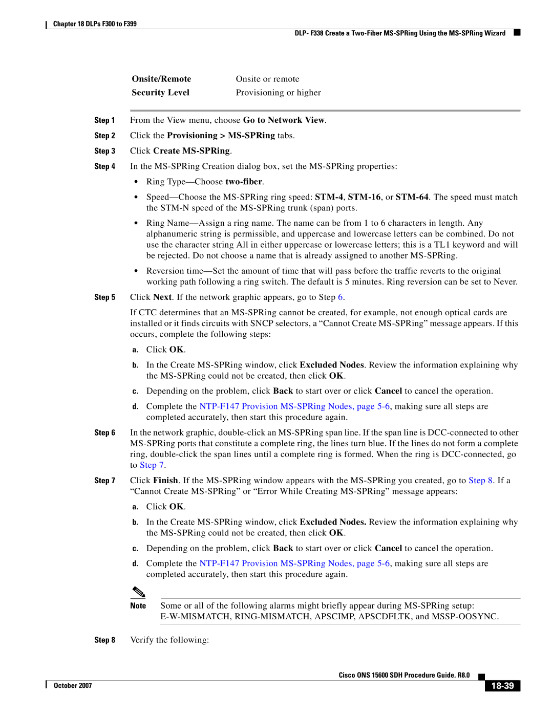 Cisco Systems ONS 15600 SDH manual Click the Provisioning MS-SPRing tabs, Click Create MS-SPRing, 18-39 