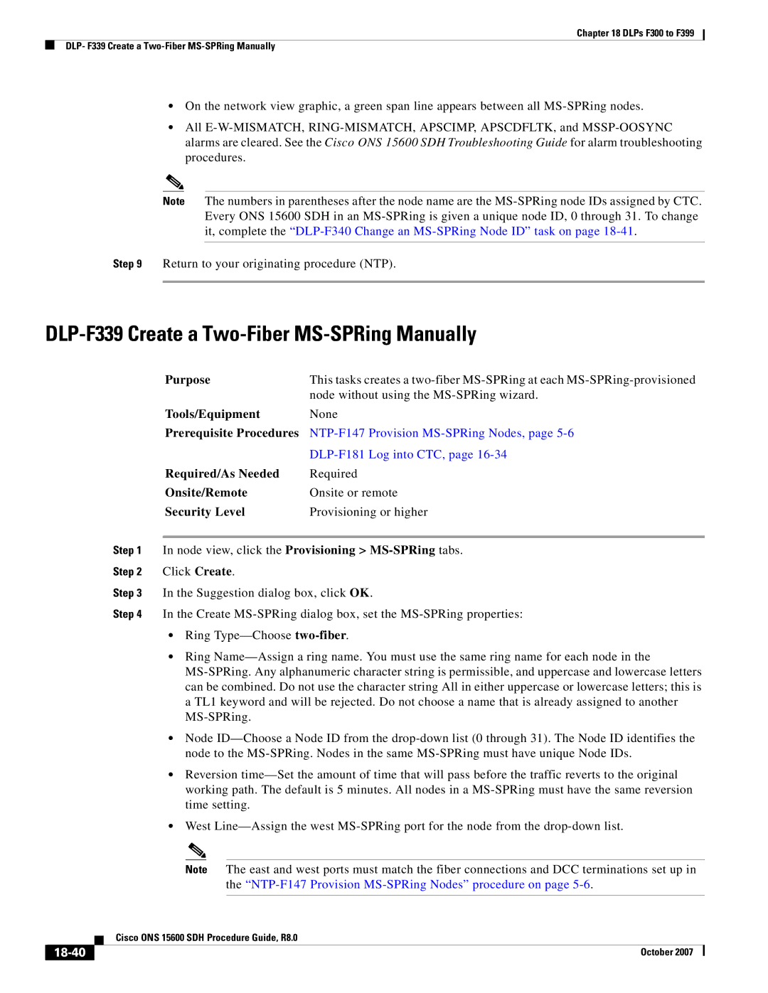 Cisco Systems ONS 15600 SDH manual DLP-F339 Create a Two-Fiber MS-SPRing Manually, 18-40 