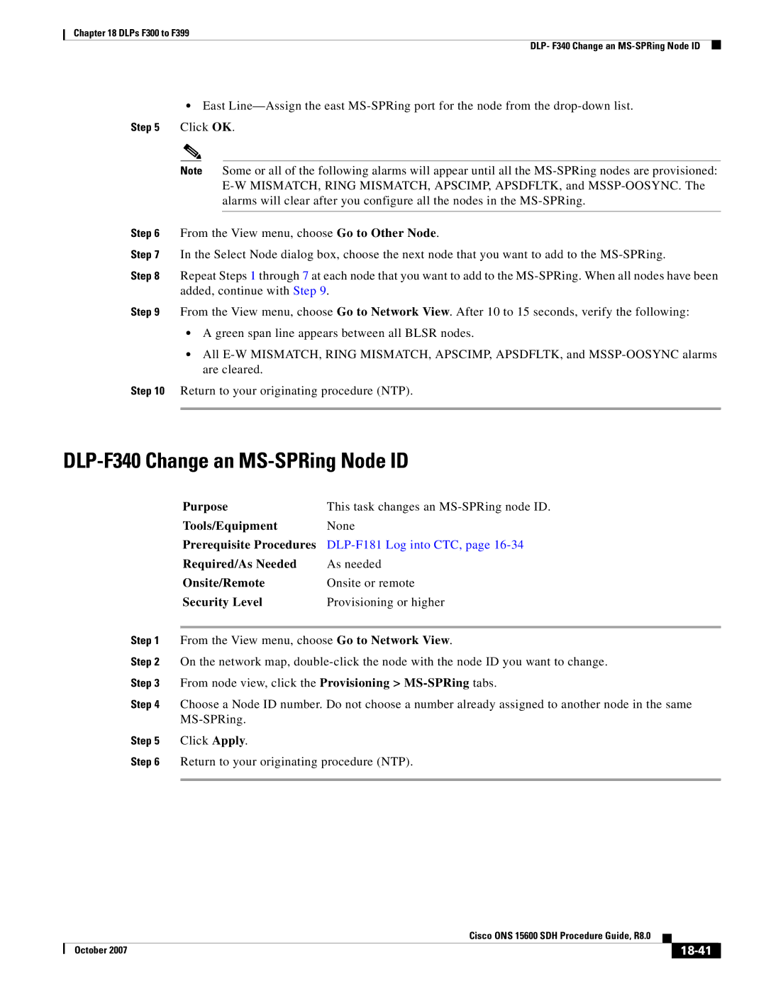 Cisco Systems ONS 15600 SDH manual DLP-F340 Change an MS-SPRing Node ID, 18-41 