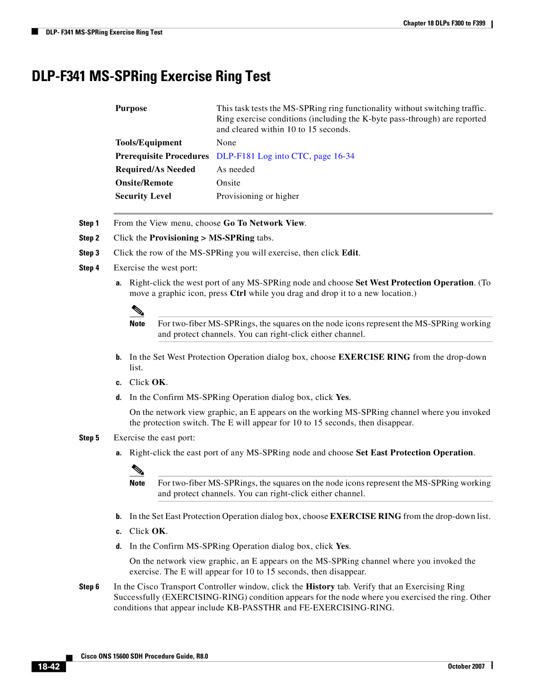 Cisco Systems ONS 15600 SDH manual DLP-F341 MS-SPRing Exercise Ring Test, 18-42 