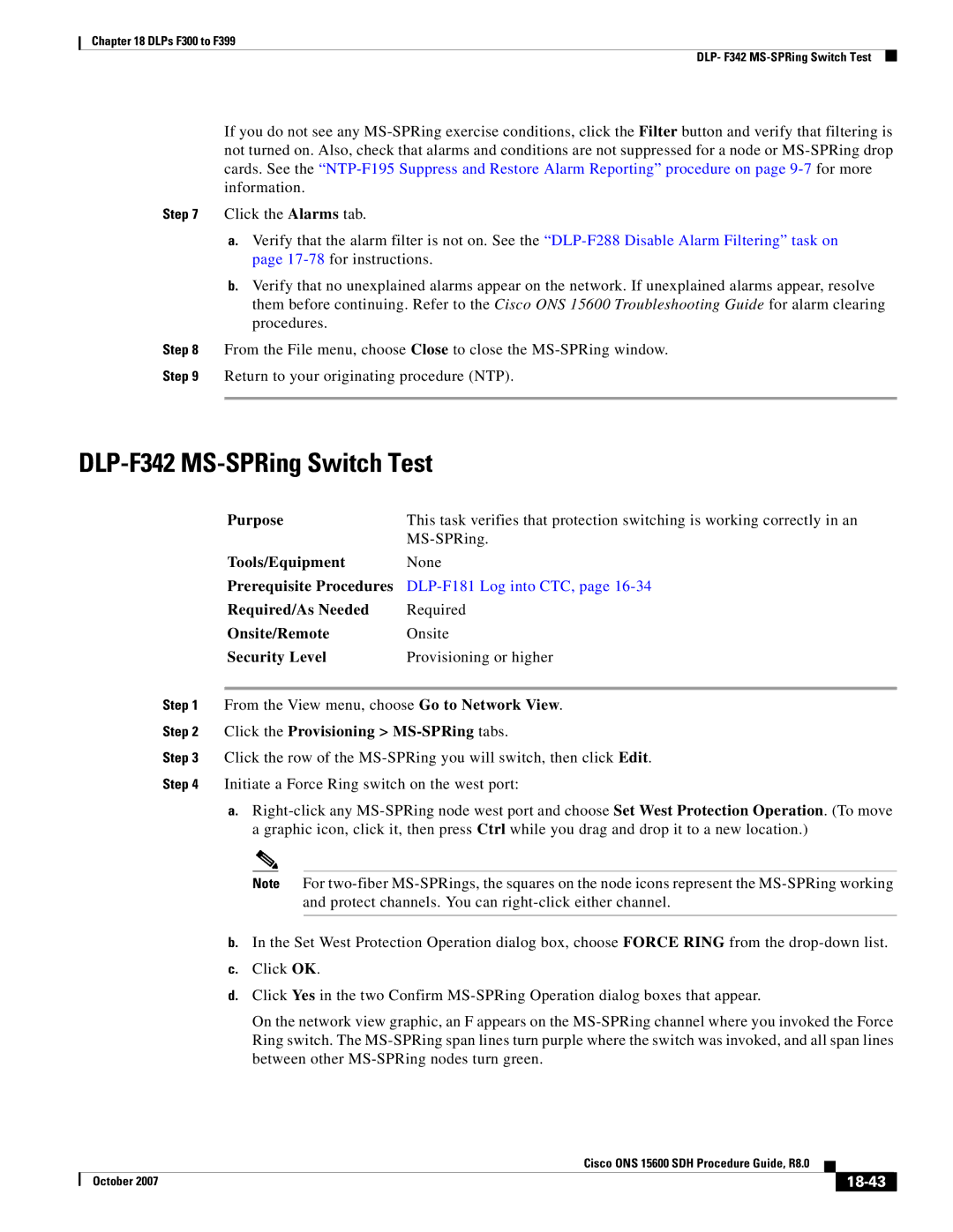 Cisco Systems ONS 15600 SDH manual DLP-F342 MS-SPRing Switch Test, 18-43 