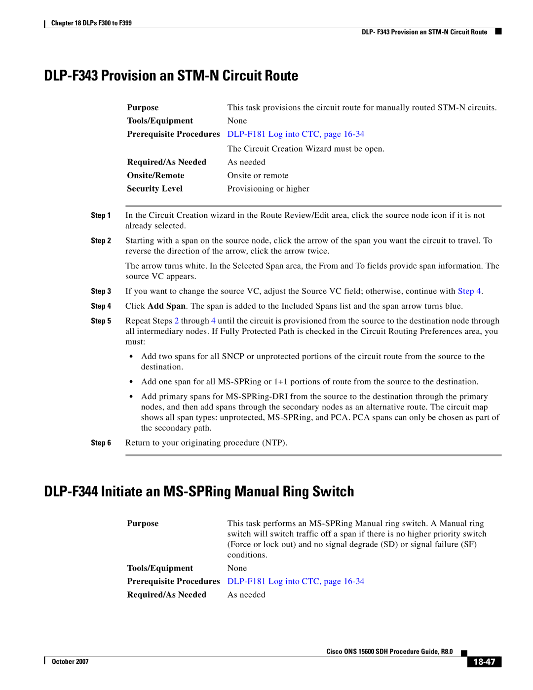 Cisco Systems ONS 15600 SDH DLP-F343 Provision an STM-N Circuit Route, DLP-F344 Initiate an MS-SPRing Manual Ring Switch 