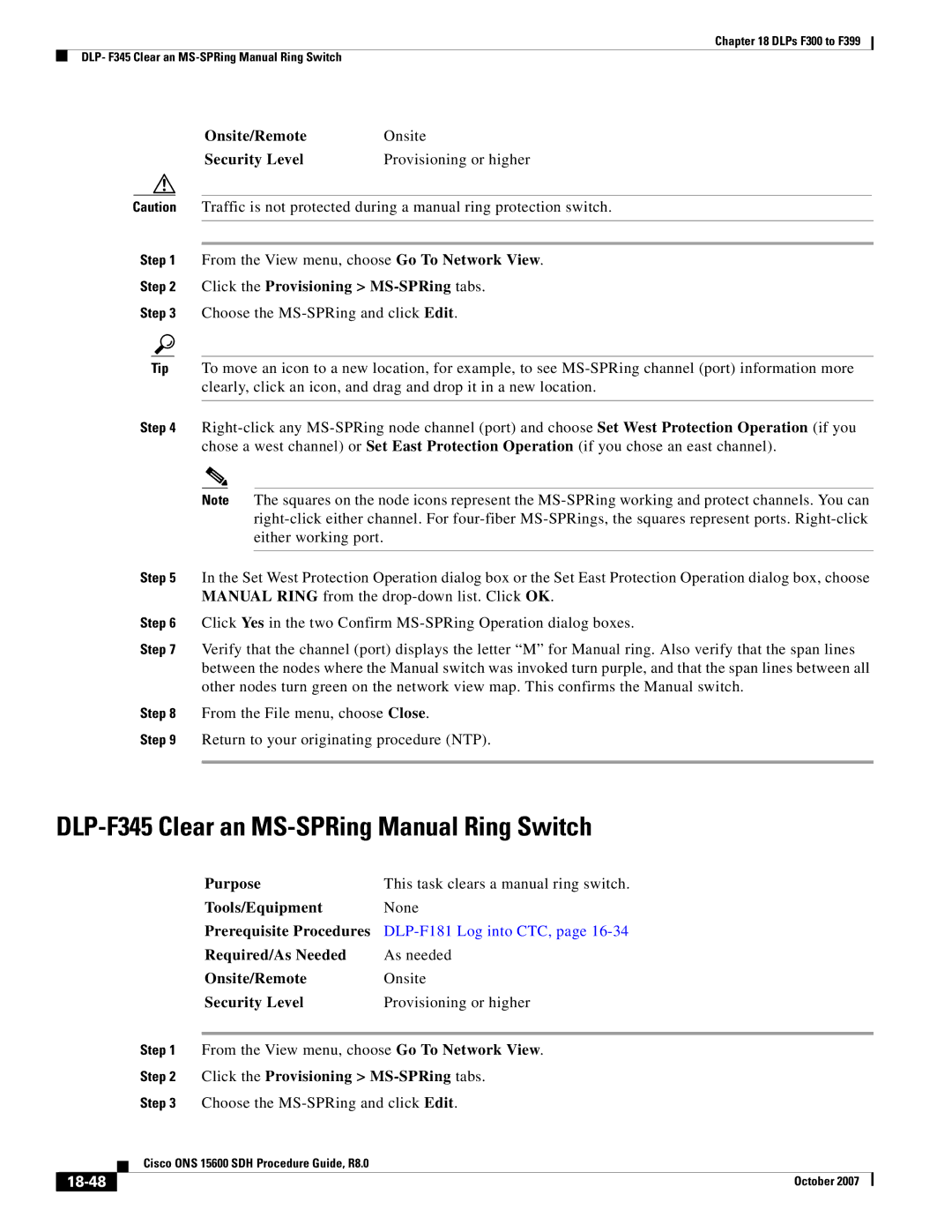 Cisco Systems ONS 15600 SDH manual DLP-F345 Clear an MS-SPRing Manual Ring Switch, 18-48 