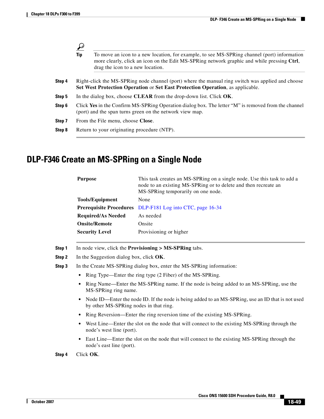 Cisco Systems ONS 15600 SDH manual DLP-F346 Create an MS-SPRing on a Single Node, 18-49 