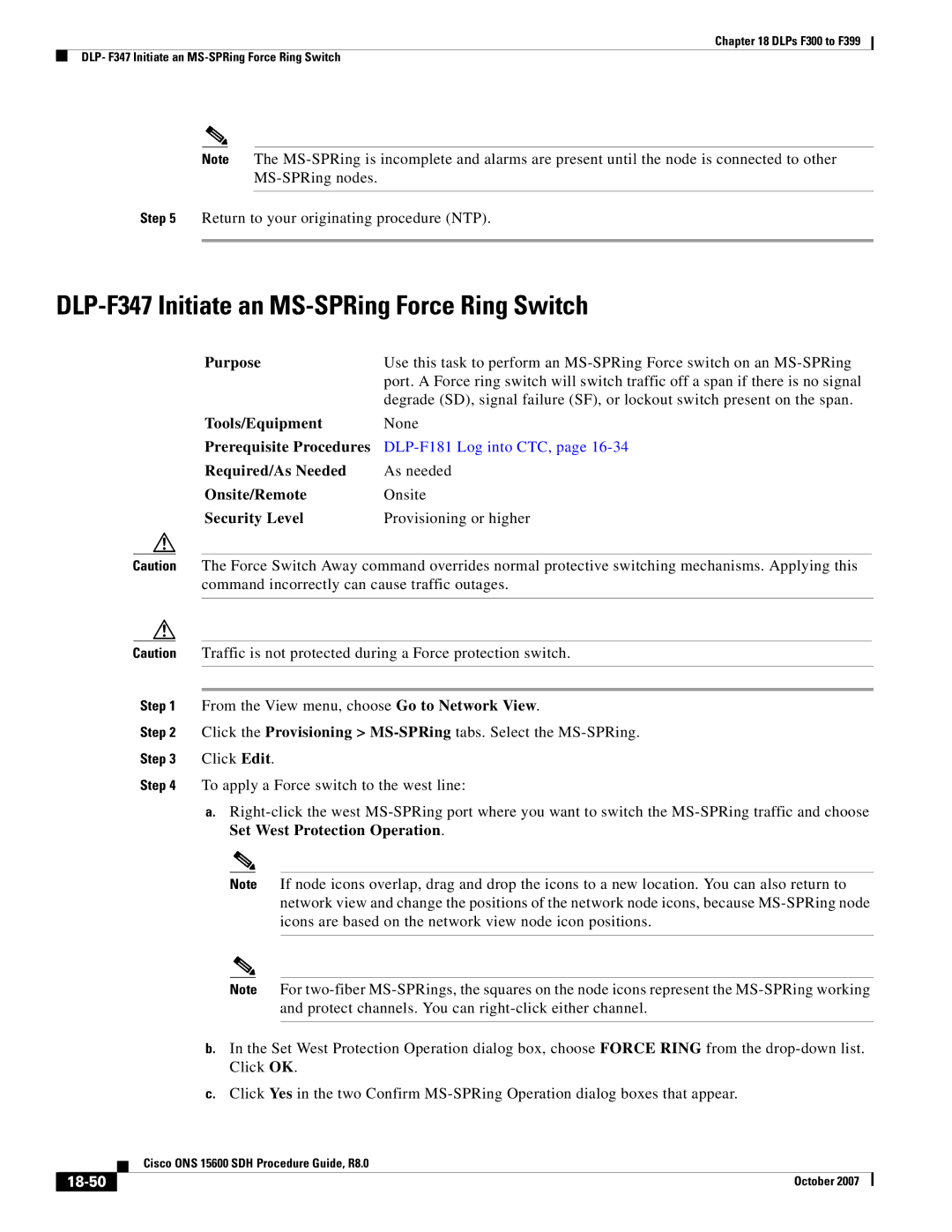 Cisco Systems ONS 15600 SDH manual DLP-F347 Initiate an MS-SPRing Force Ring Switch, 18-50 