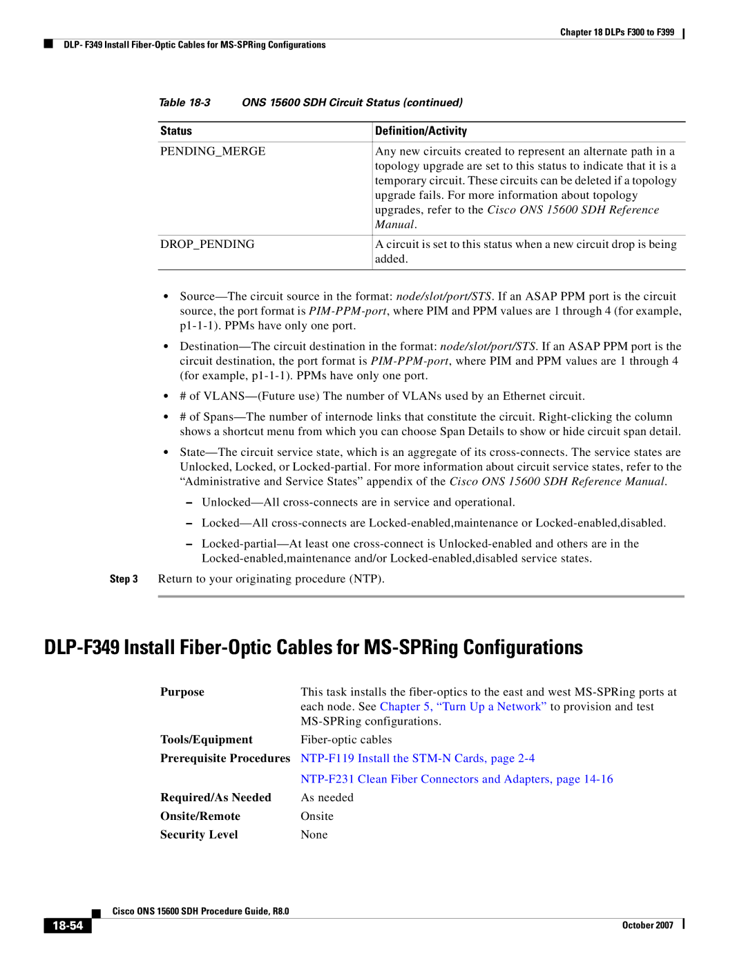 Cisco Systems ONS 15600 SDH manual Pendingmerge, Droppending, 18-54 