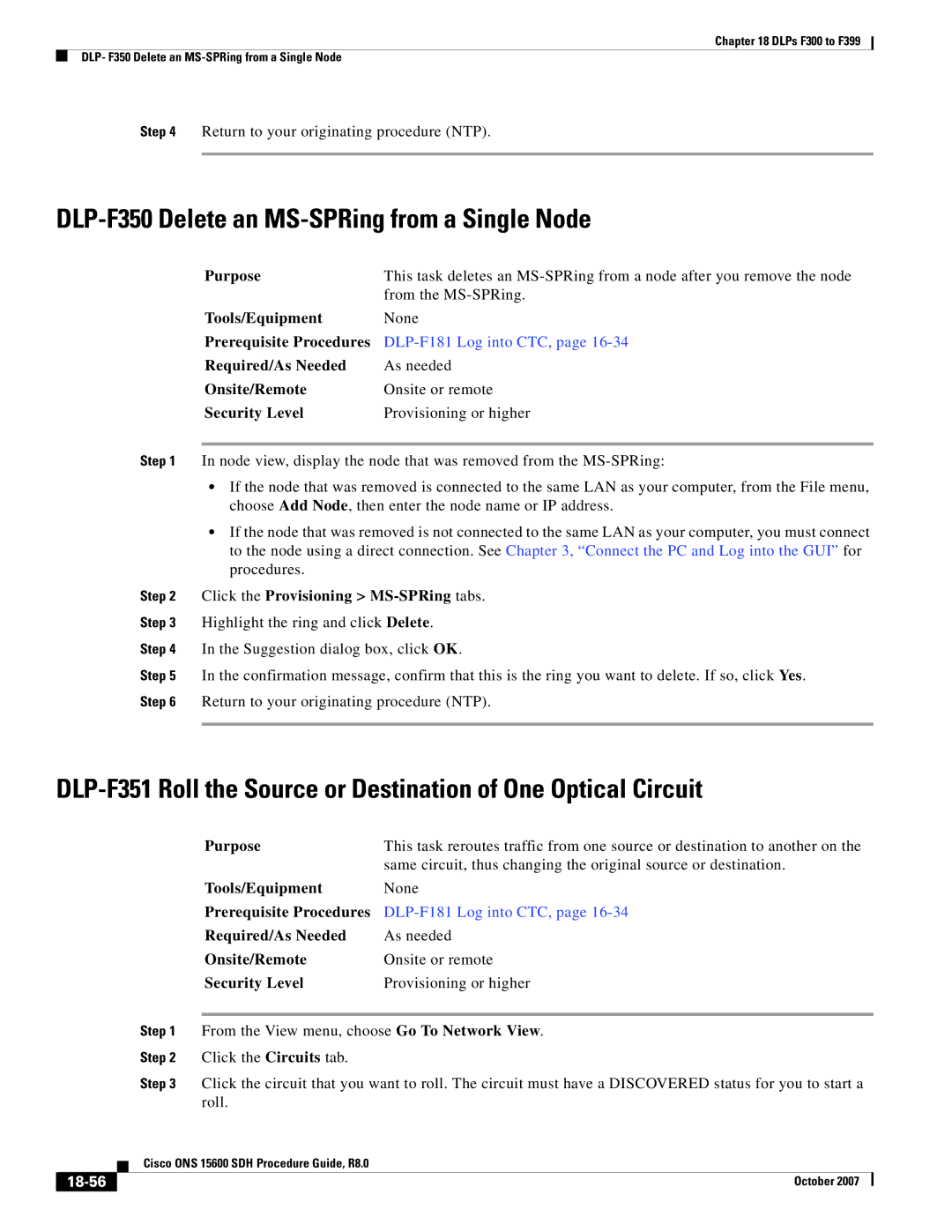 Cisco Systems ONS 15600 SDH manual DLP-F350 Delete an MS-SPRing from a Single Node, 18-56 