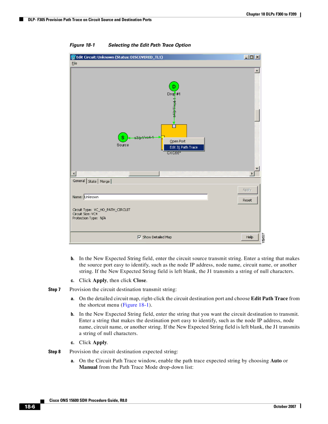 Cisco Systems ONS 15600 SDH manual 18-6, Selecting the Edit Path Trace Option 