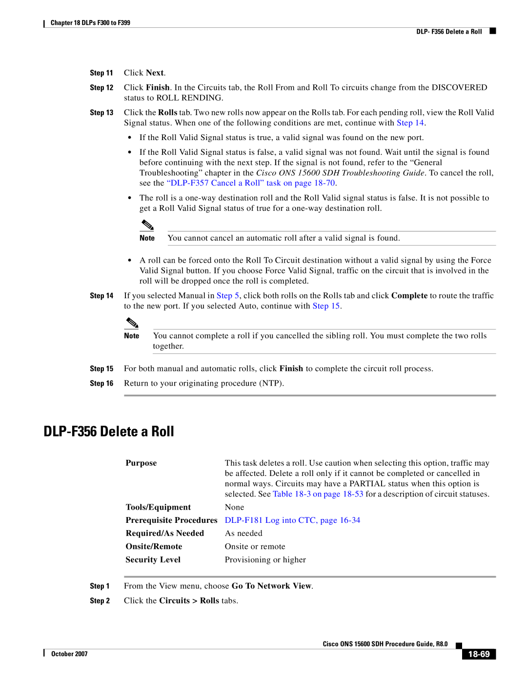 Cisco Systems ONS 15600 SDH manual DLP-F356 Delete a Roll, Click the Circuits Rolls tabs, 18-69 