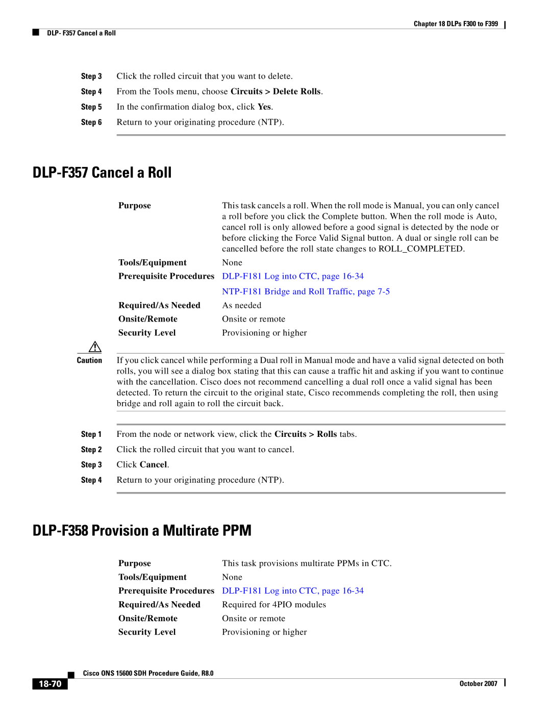 Cisco Systems ONS 15600 SDH manual DLP-F357 Cancel a Roll, DLP-F358 Provision a Multirate PPM, 18-70 