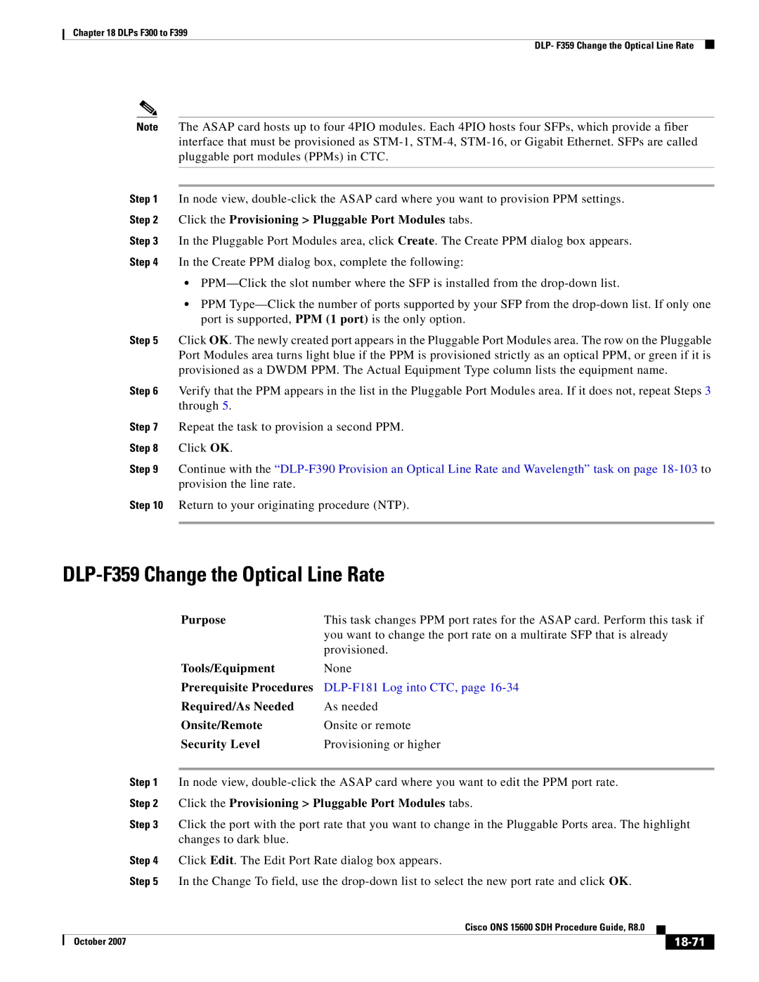 Cisco Systems ONS 15600 SDH DLP-F359 Change the Optical Line Rate, Click the Provisioning Pluggable Port Modules tabs 