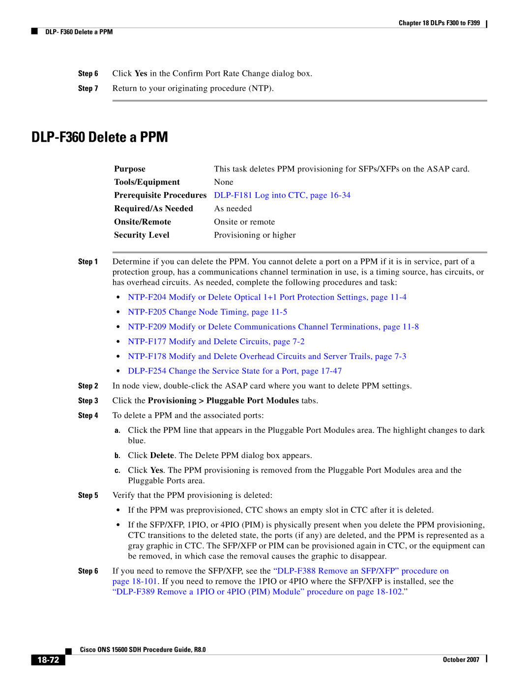 Cisco Systems ONS 15600 SDH manual DLP-F360 Delete a PPM, 18-72 