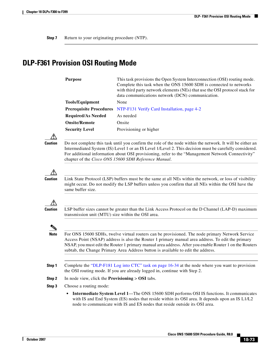 Cisco Systems ONS 15600 SDH manual DLP-F361 Provision OSI Routing Mode, 18-73 