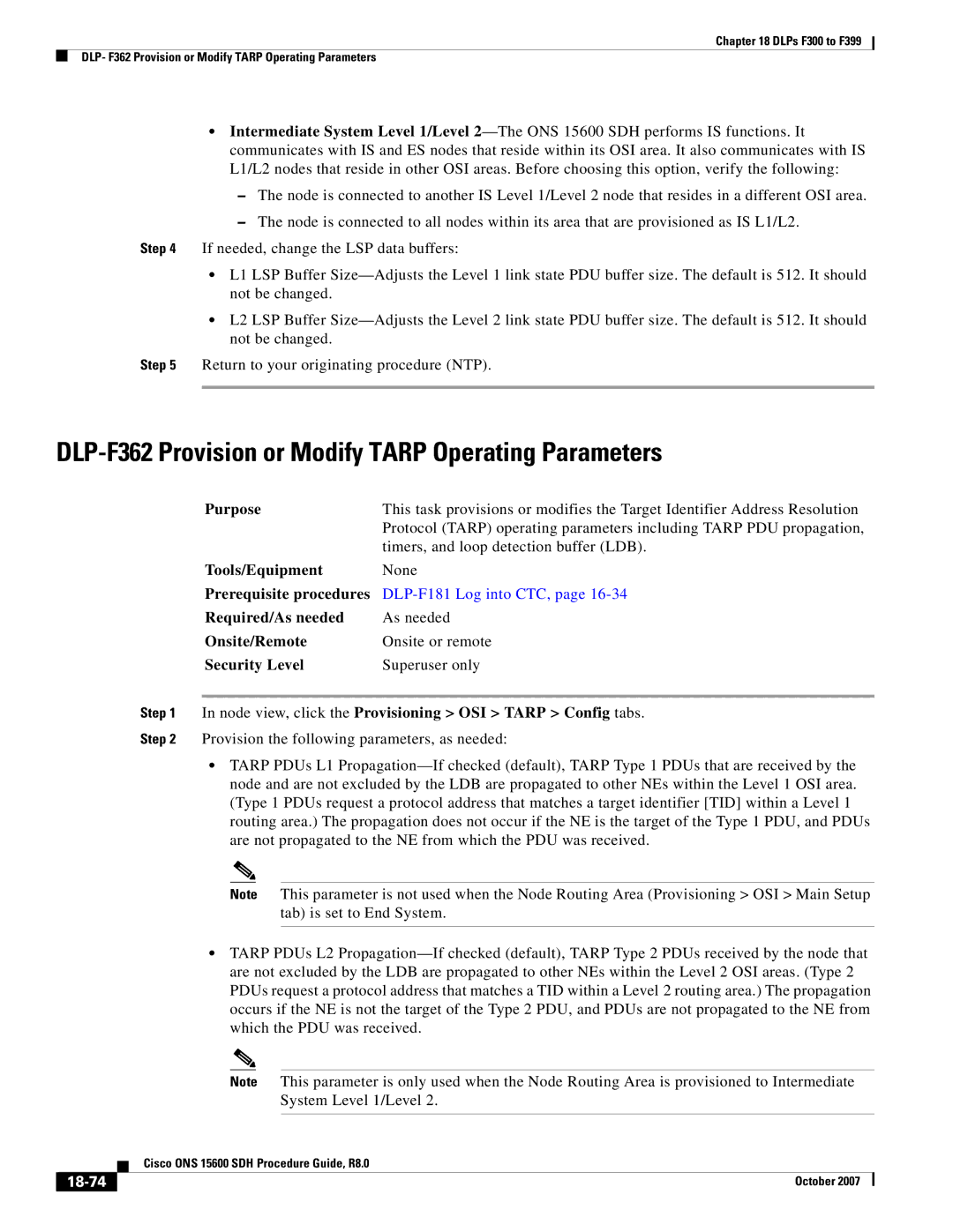 Cisco Systems ONS 15600 SDH manual DLP-F362 Provision or Modify Tarp Operating Parameters, 18-74 