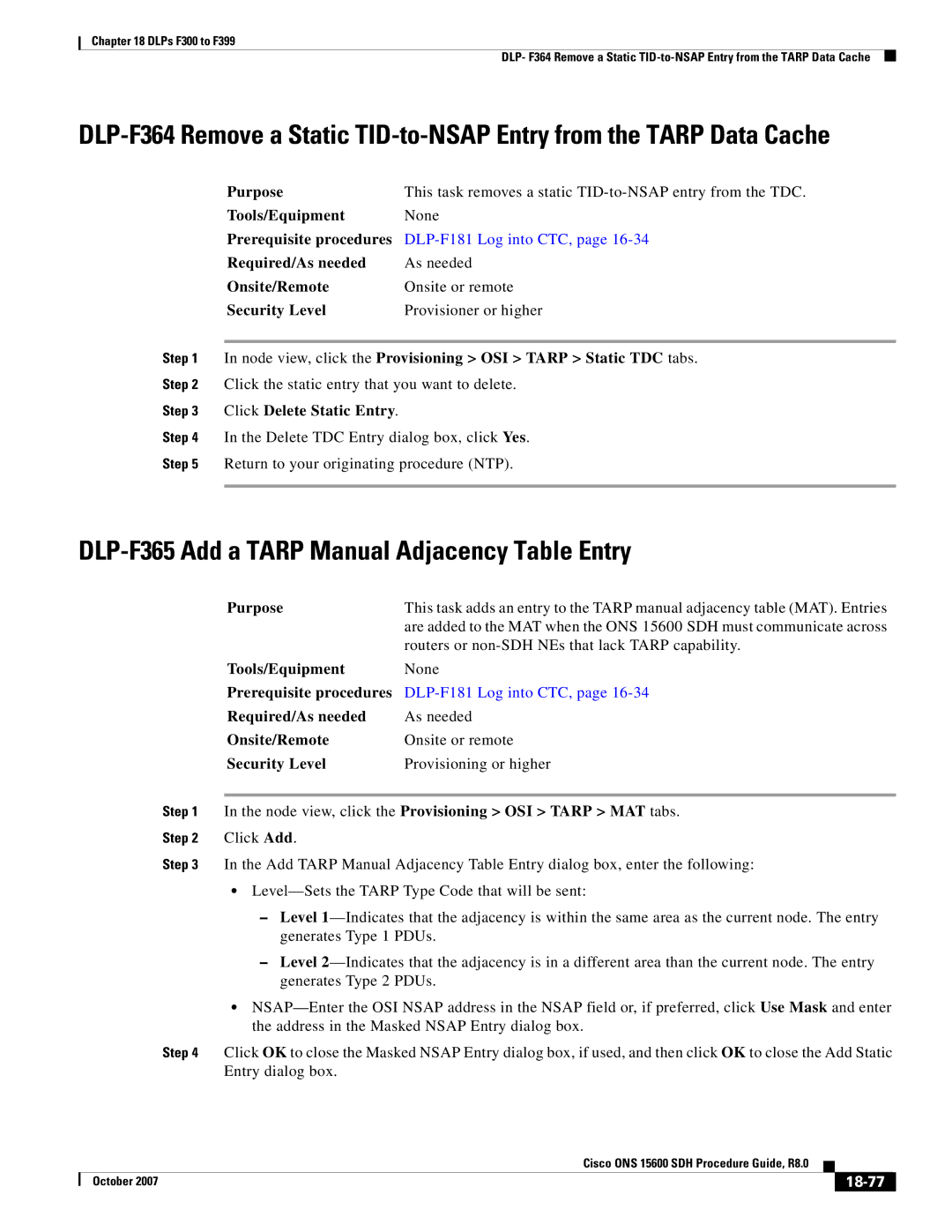 Cisco Systems ONS 15600 SDH manual DLP-F365 Add a Tarp Manual Adjacency Table Entry, Click Delete Static Entry, 18-77 