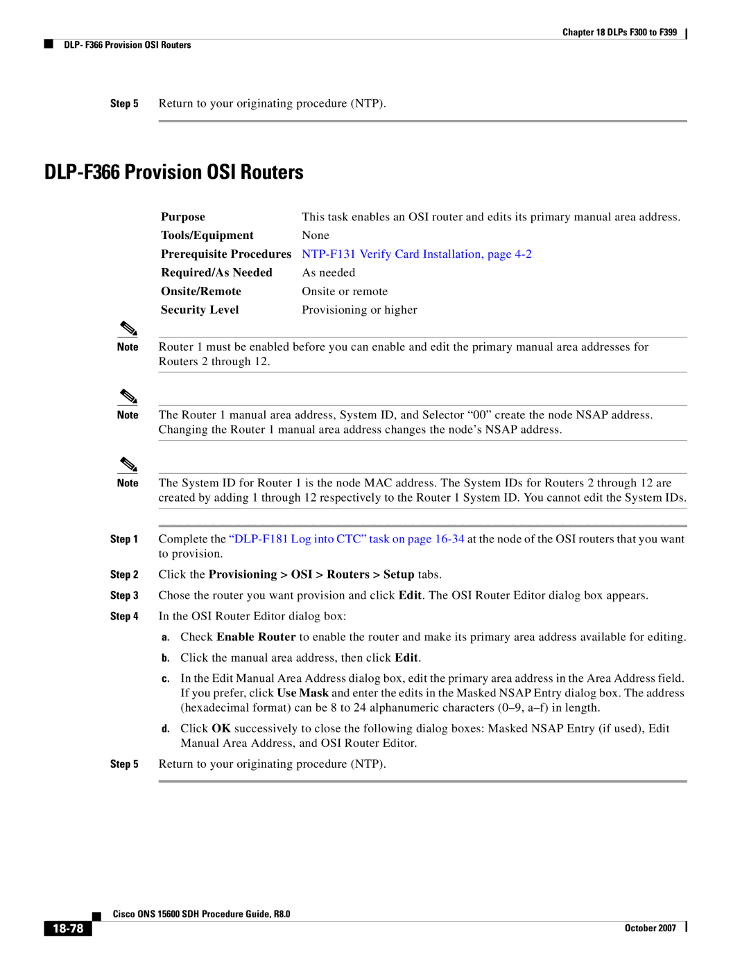 Cisco Systems ONS 15600 SDH manual DLP-F366 Provision OSI Routers, Click the Provisioning OSI Routers Setup tabs, 18-78 