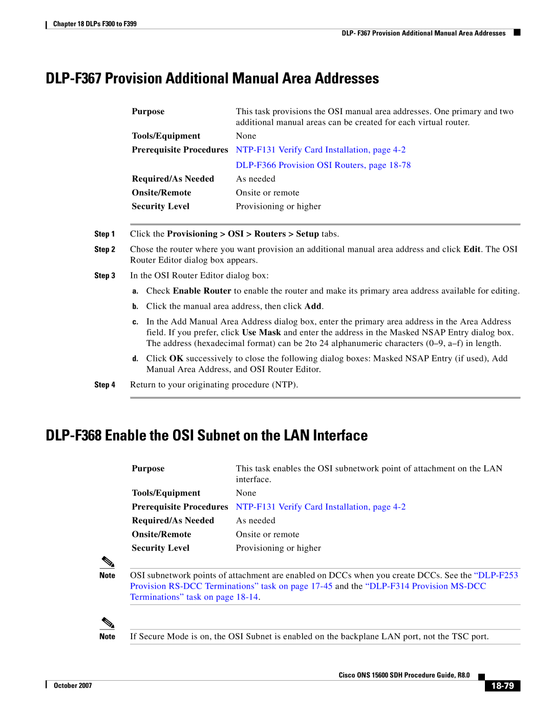 Cisco Systems ONS 15600 SDH manual DLP-F367 Provision Additional Manual Area Addresses, 18-79 