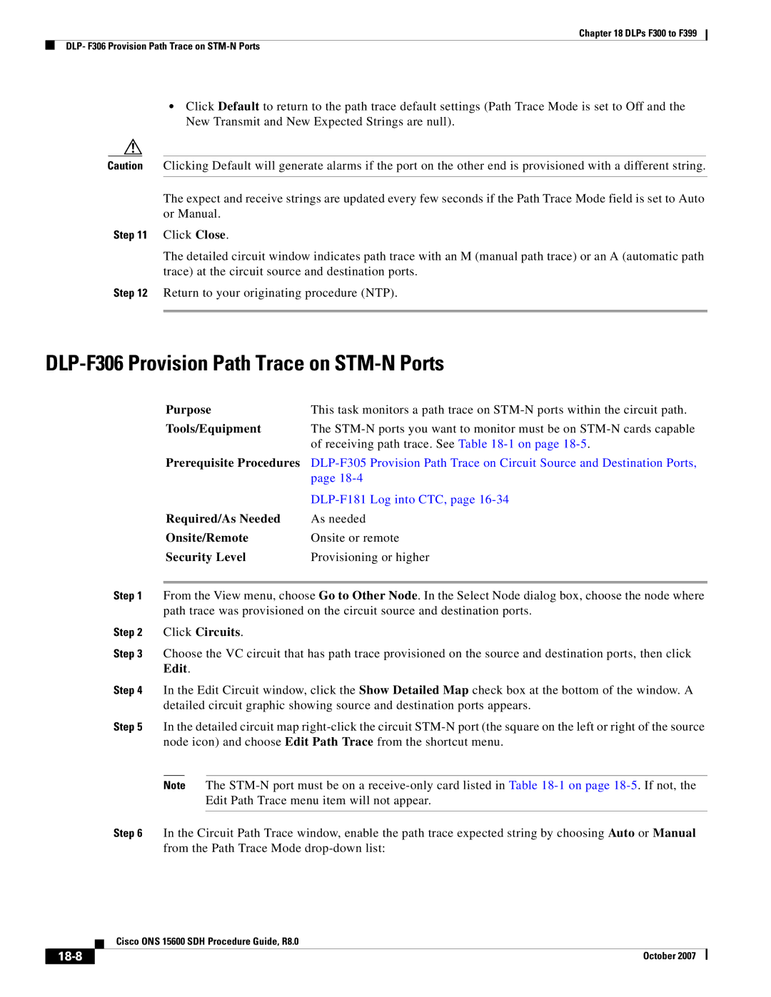 Cisco Systems ONS 15600 SDH manual DLP-F306 Provision Path Trace on STM-N Ports, Click Circuits, 18-8 