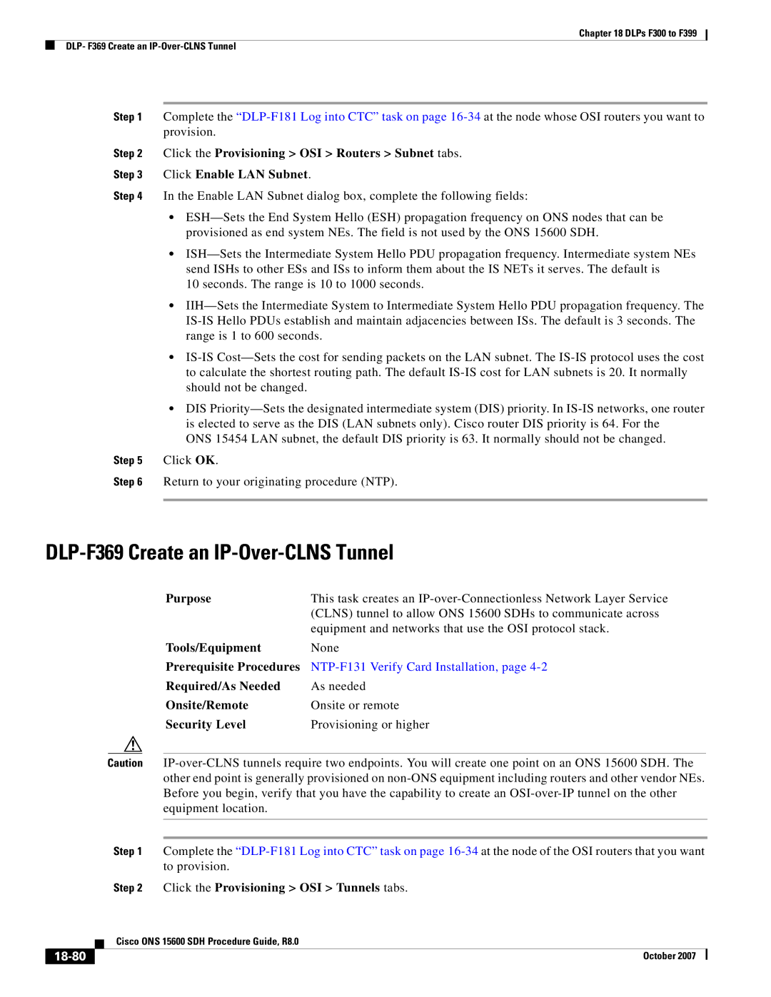 Cisco Systems ONS 15600 SDH manual DLP-F369 Create an IP-Over-CLNS Tunnel, Click the Provisioning OSI Tunnels tabs, 18-80 