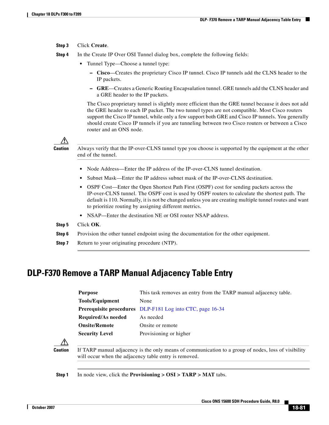 Cisco Systems ONS 15600 SDH manual DLP-F370 Remove a Tarp Manual Adjacency Table Entry, 18-81 