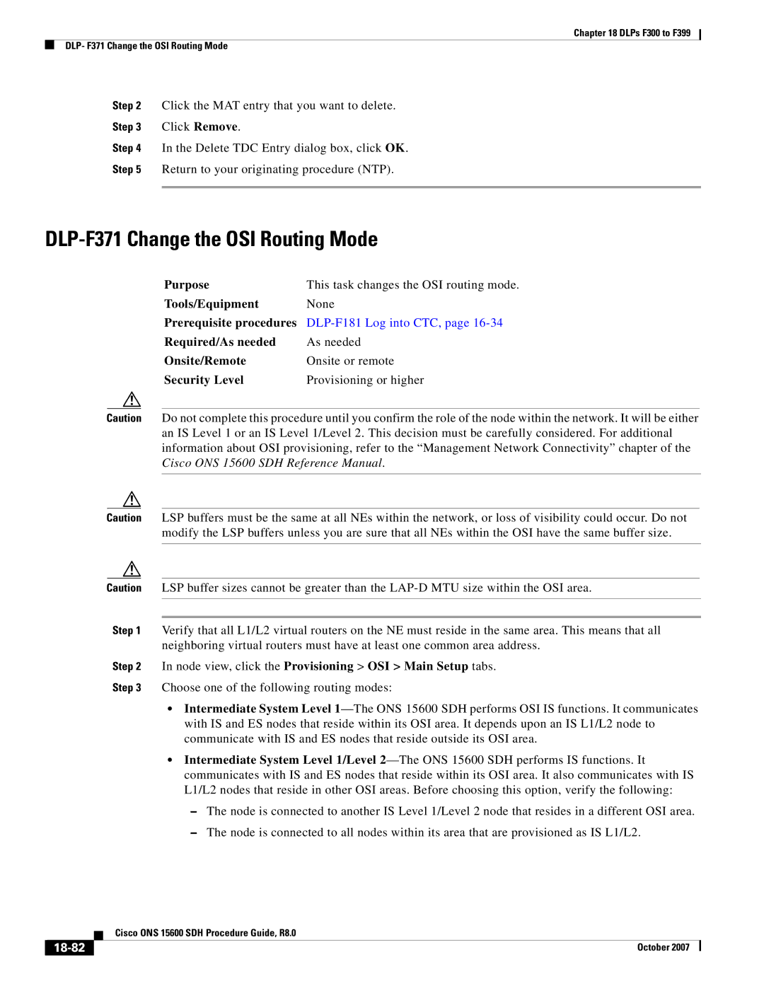 Cisco Systems ONS 15600 SDH manual DLP-F371 Change the OSI Routing Mode, 18-82 