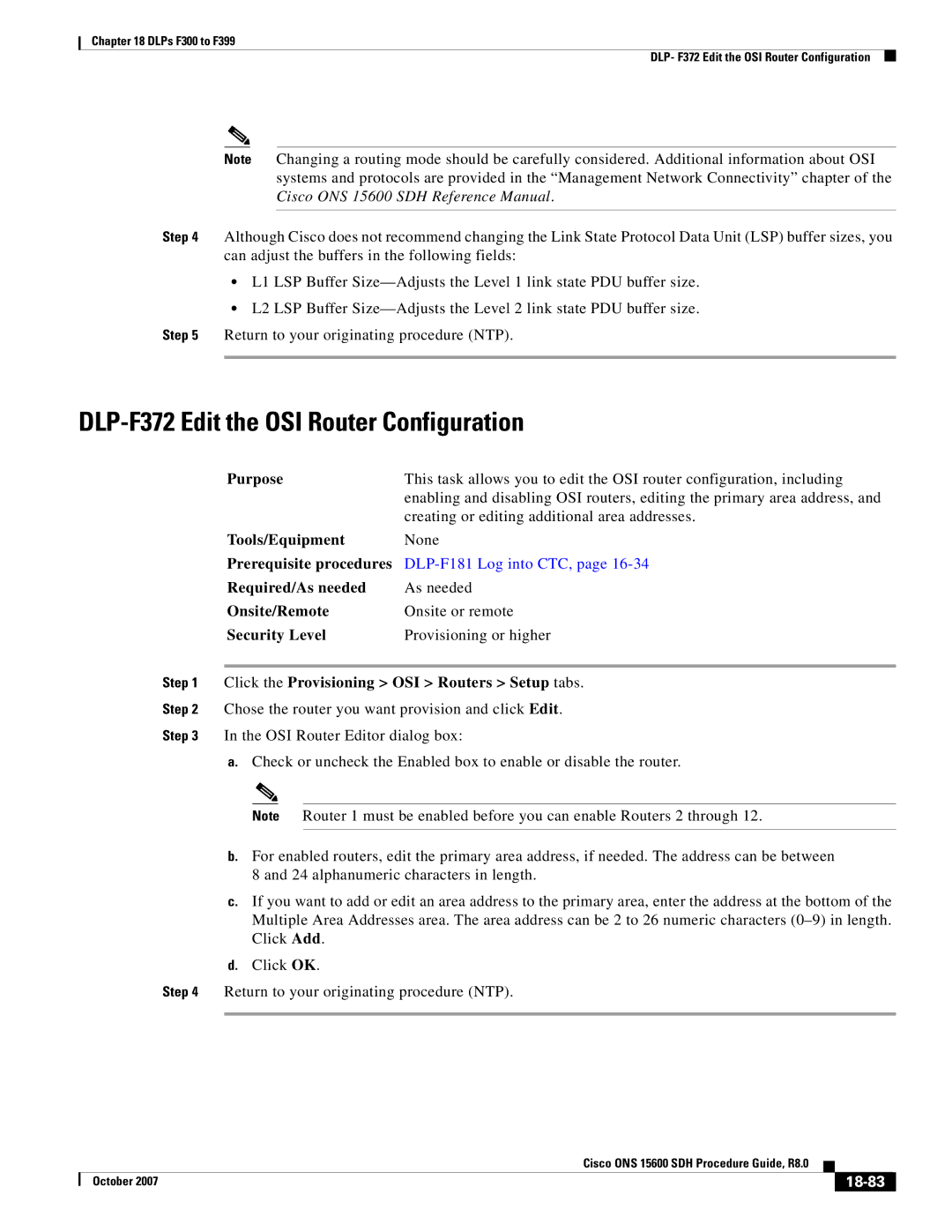 Cisco Systems ONS 15600 SDH manual DLP-F372 Edit the OSI Router Configuration, 18-83 