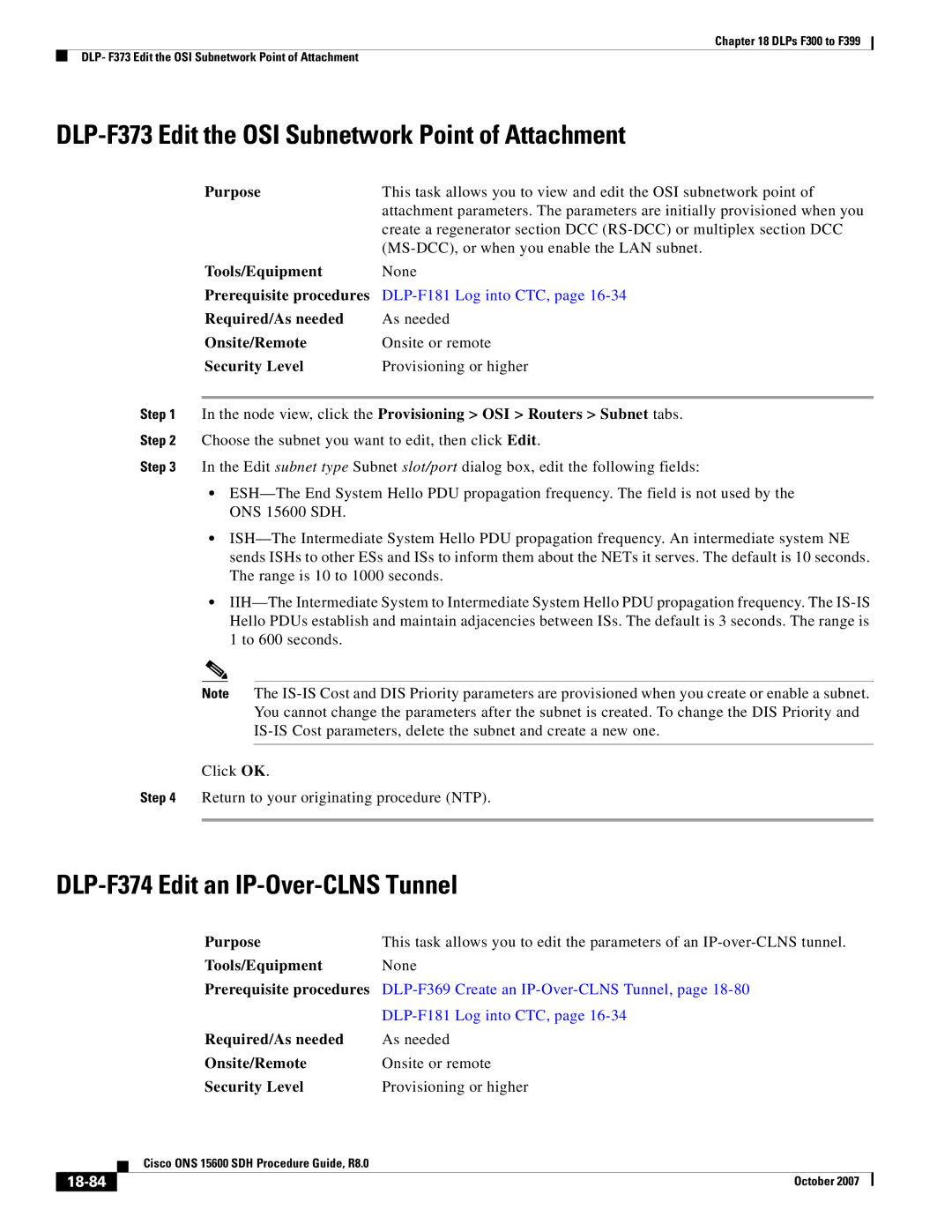 Cisco Systems ONS 15600 SDH DLP-F373 Edit the OSI Subnetwork Point of Attachment, DLP-F374 Edit an IP-Over-CLNS Tunnel 