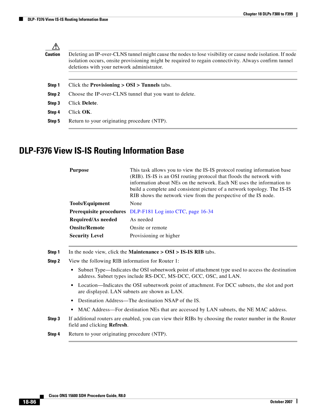 Cisco Systems ONS 15600 SDH manual DLP-F376 View IS-IS Routing Information Base, 18-86 