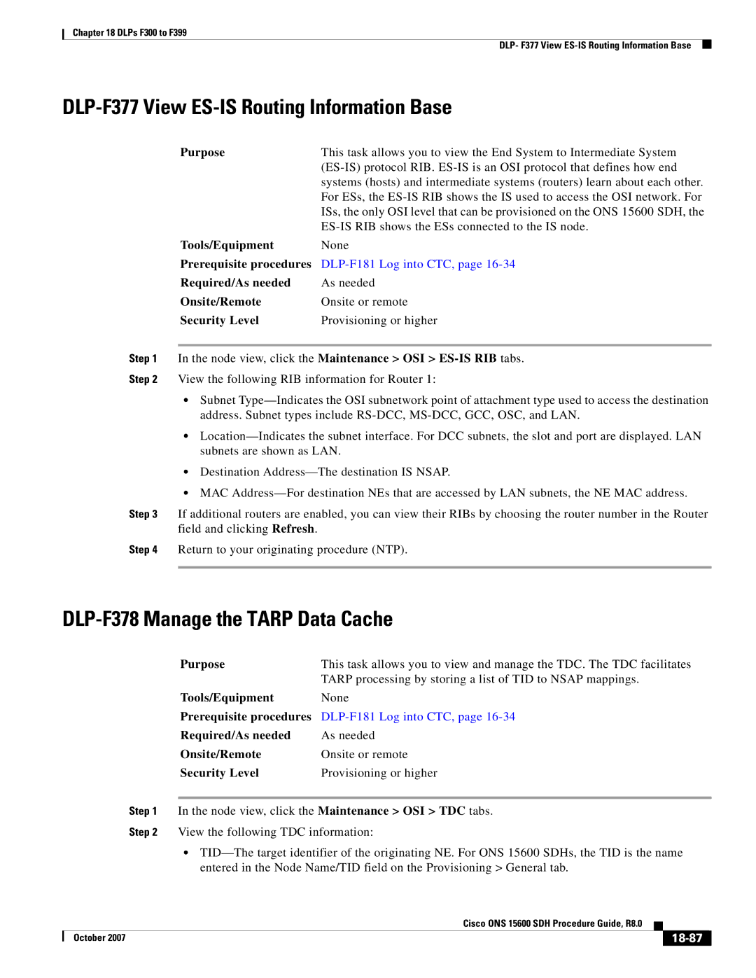 Cisco Systems ONS 15600 SDH manual DLP-F377 View ES-IS Routing Information Base, DLP-F378 Manage the Tarp Data Cache, 18-87 