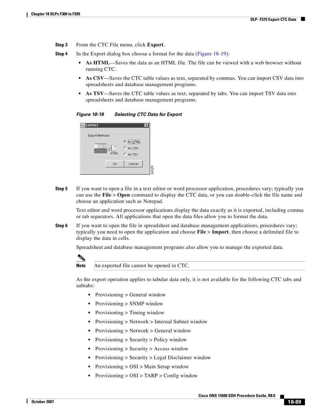 Cisco Systems ONS 15600 SDH manual 18-89, Selecting CTC Data for Export 