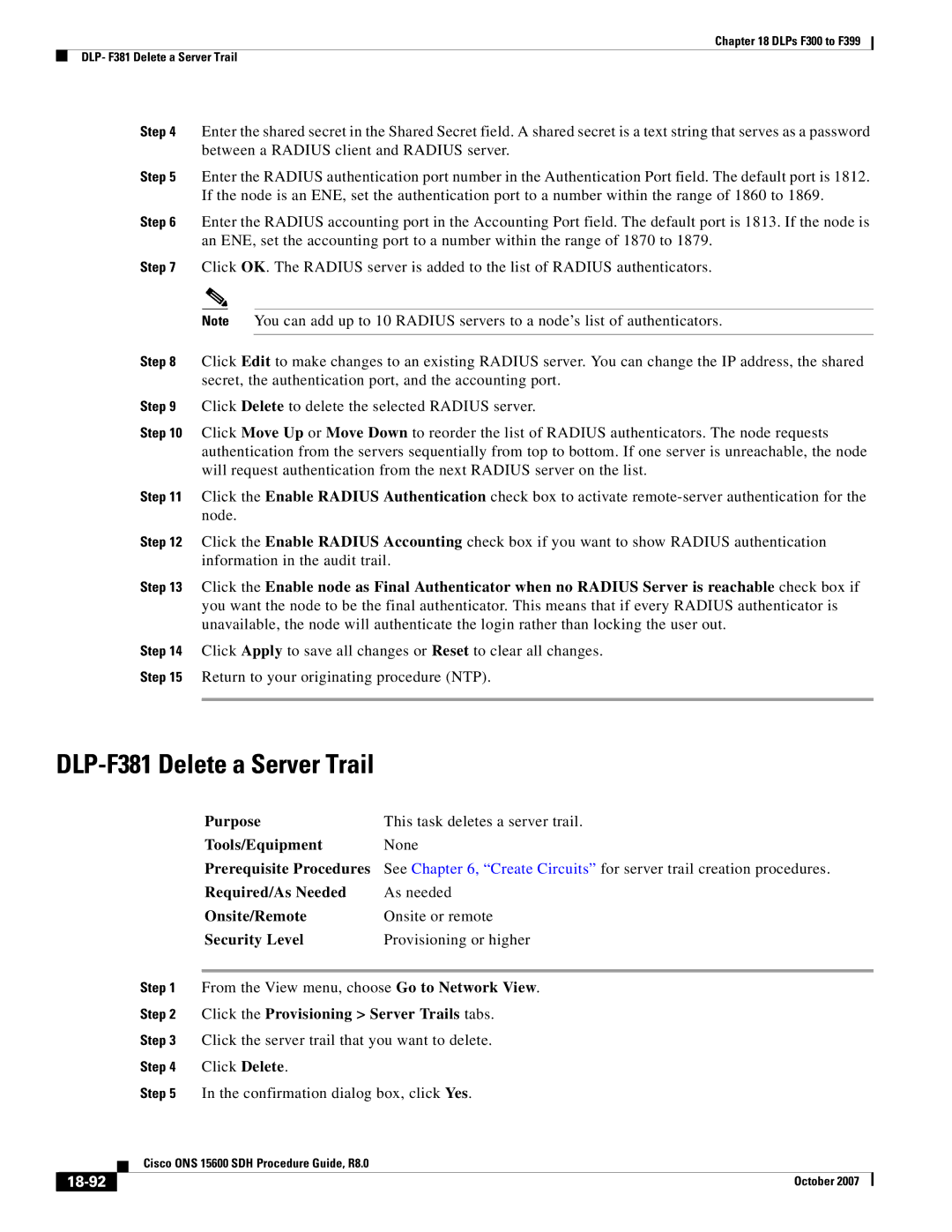 Cisco Systems ONS 15600 SDH manual DLP-F381 Delete a Server Trail, Click the Provisioning Server Trails tabs, 18-92 