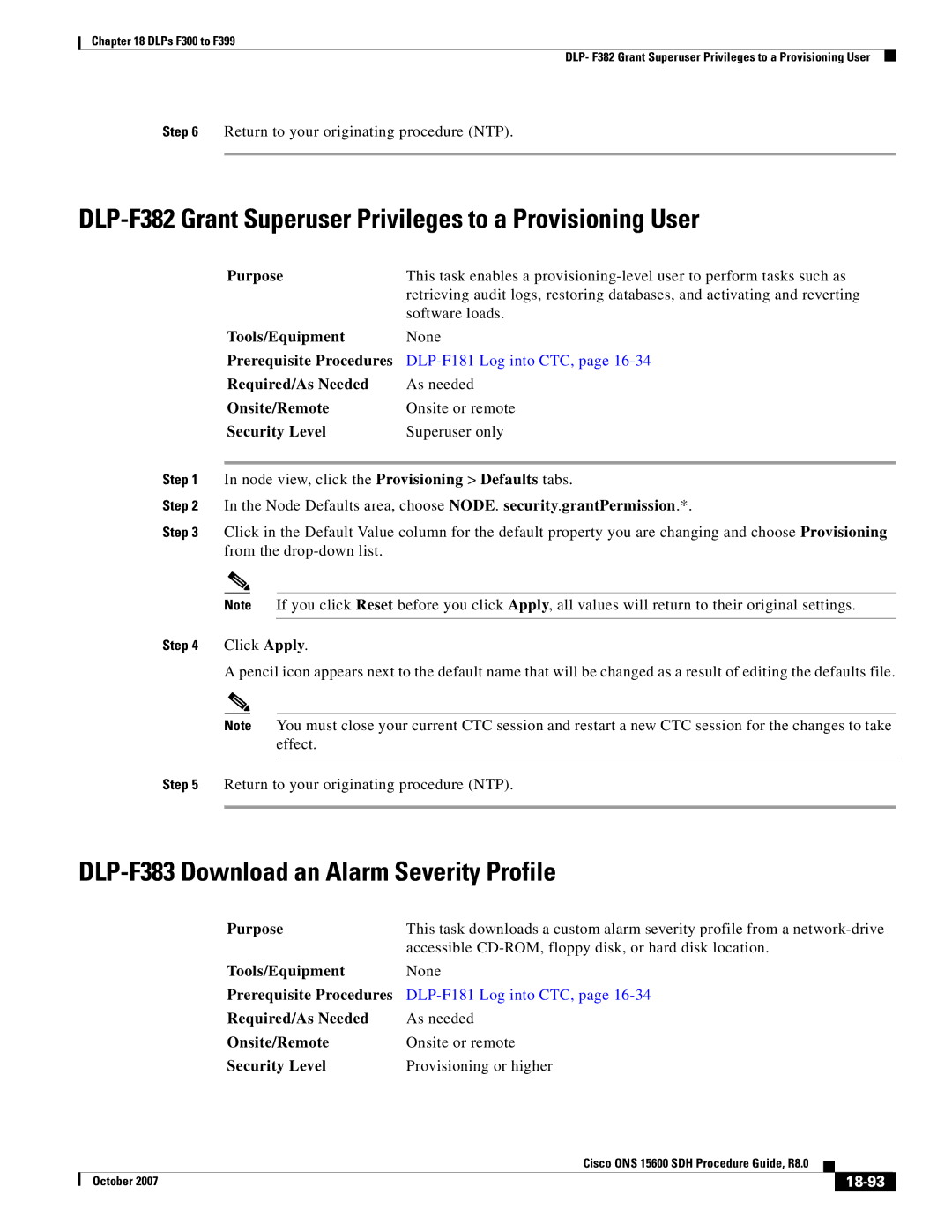 Cisco Systems ONS 15600 SDH manual DLP-F382 Grant Superuser Privileges to a Provisioning User, 18-93 