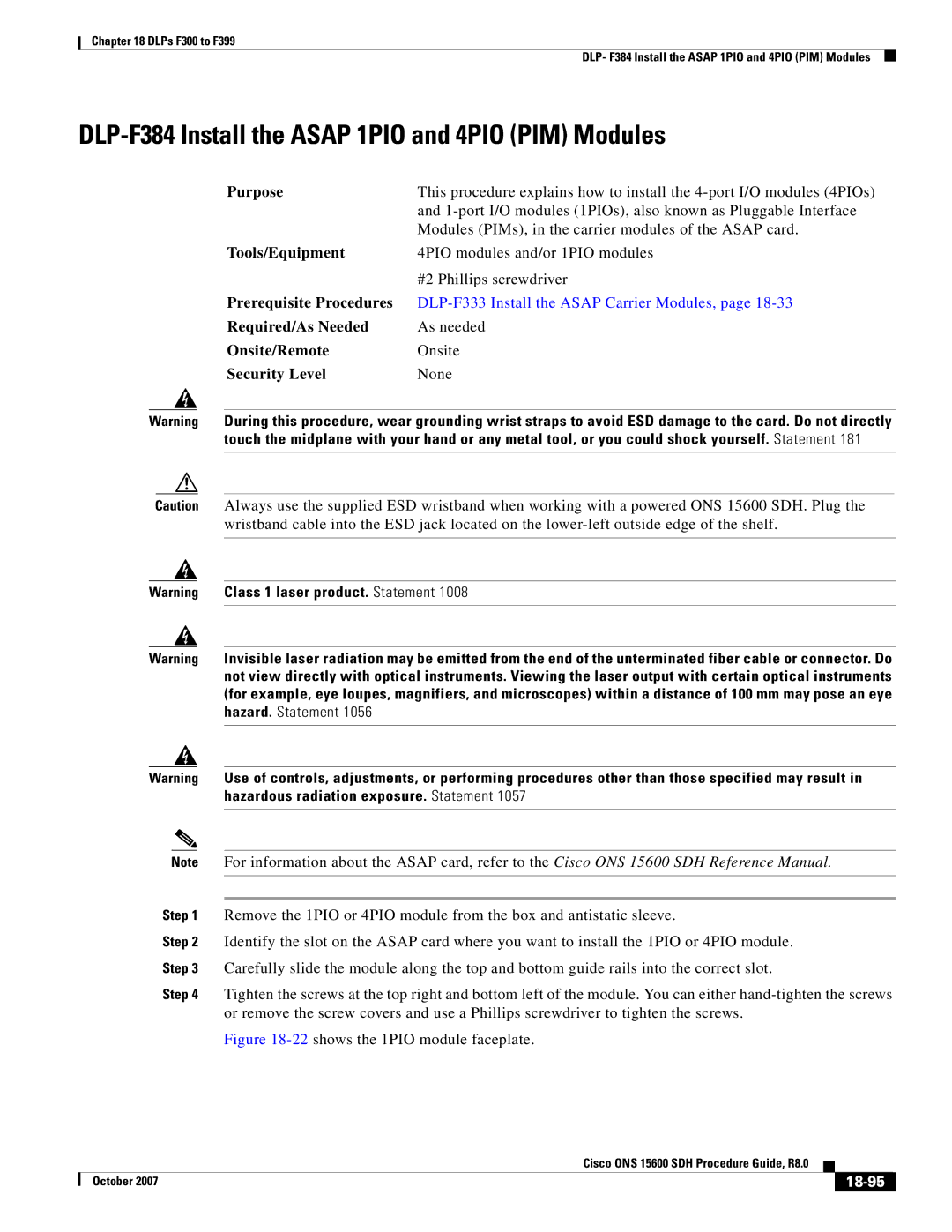 Cisco Systems ONS 15600 SDH manual DLP-F384 Install the Asap 1PIO and 4PIO PIM Modules, 18-95 