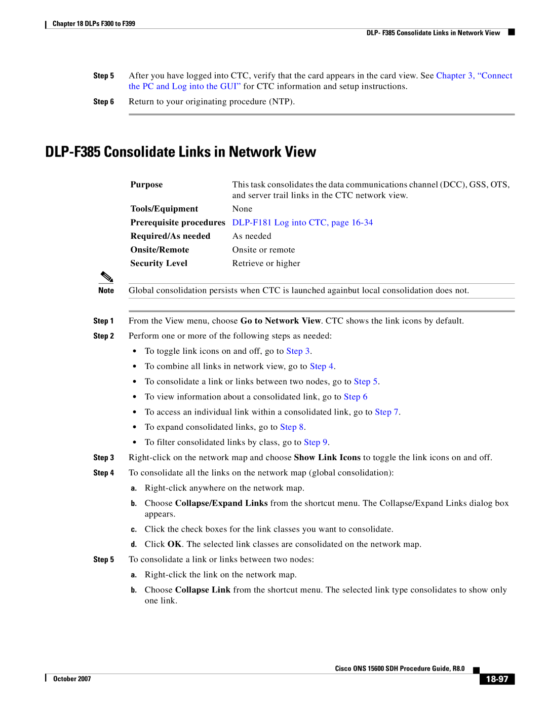 Cisco Systems ONS 15600 SDH manual DLP-F385 Consolidate Links in Network View, 18-97 