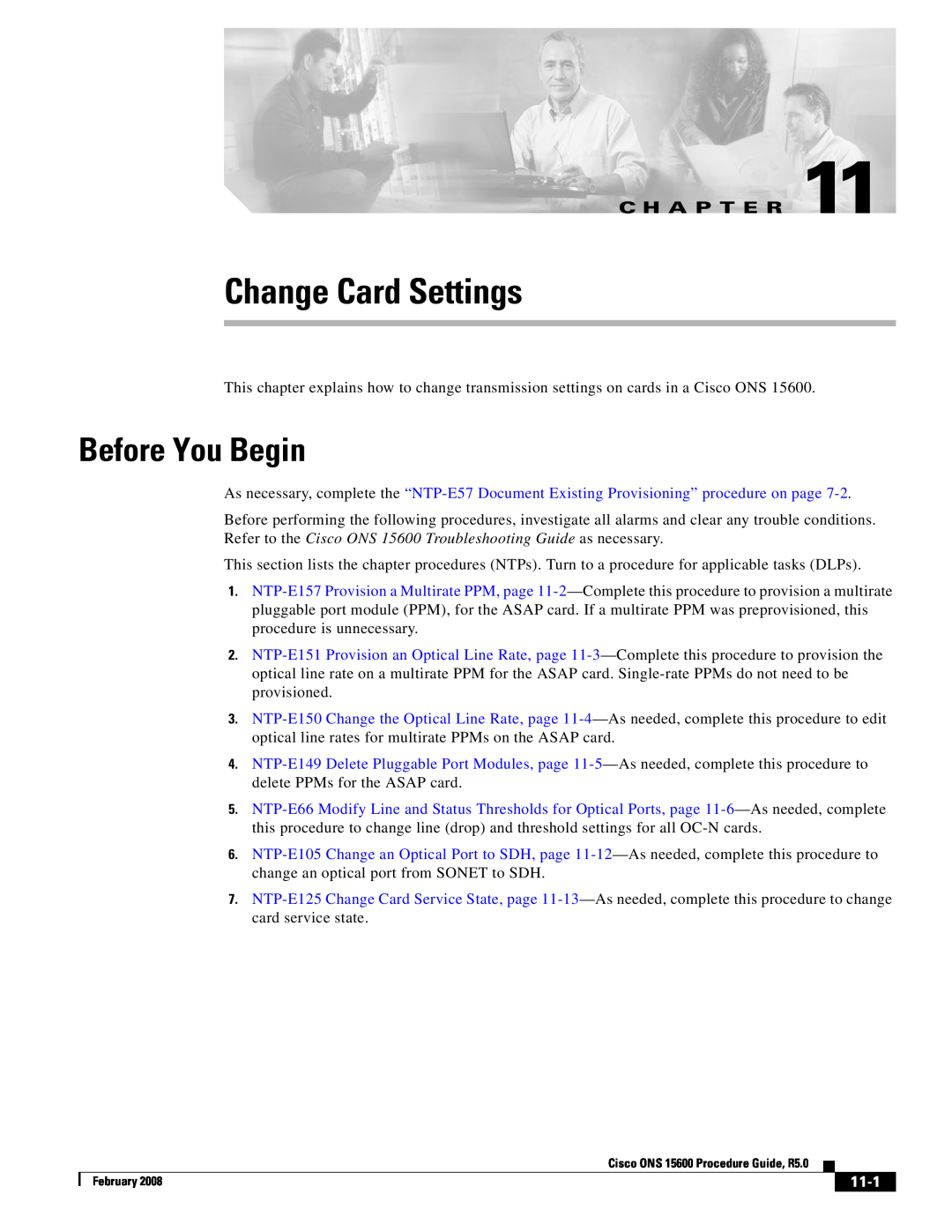 Cisco Systems ONS 15600 manual Before You Begin, 11-1, Change Card Settings, C H A P T E R 