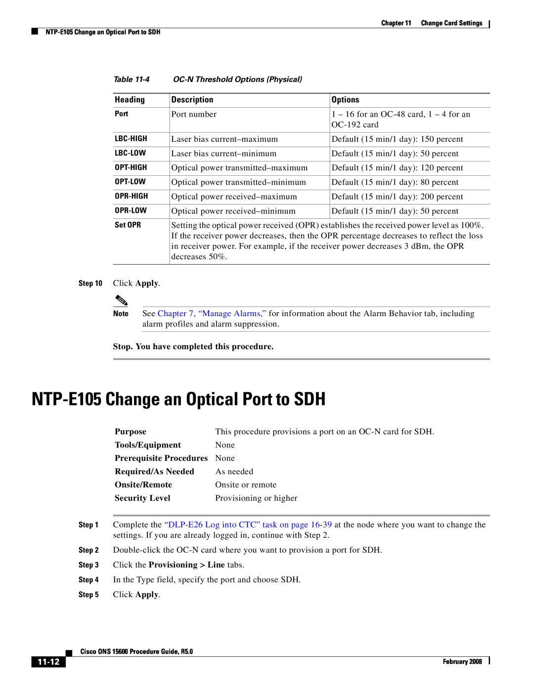 Cisco Systems ONS 15600 NTP-E105 Change an Optical Port to SDH, Click the Provisioning Line tabs, 11-12, Heading, Options 