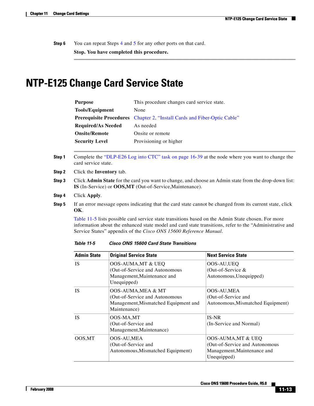 Cisco Systems ONS 15600 NTP-E125 Change Card Service State, This procedure changes card service state, Admin State, 11-13 