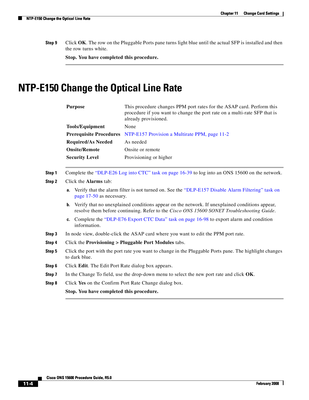Cisco Systems ONS 15600 NTP-E150 Change the Optical Line Rate, NTP-E157 Provision a Multirate PPM, page, 11-4, Purpose 