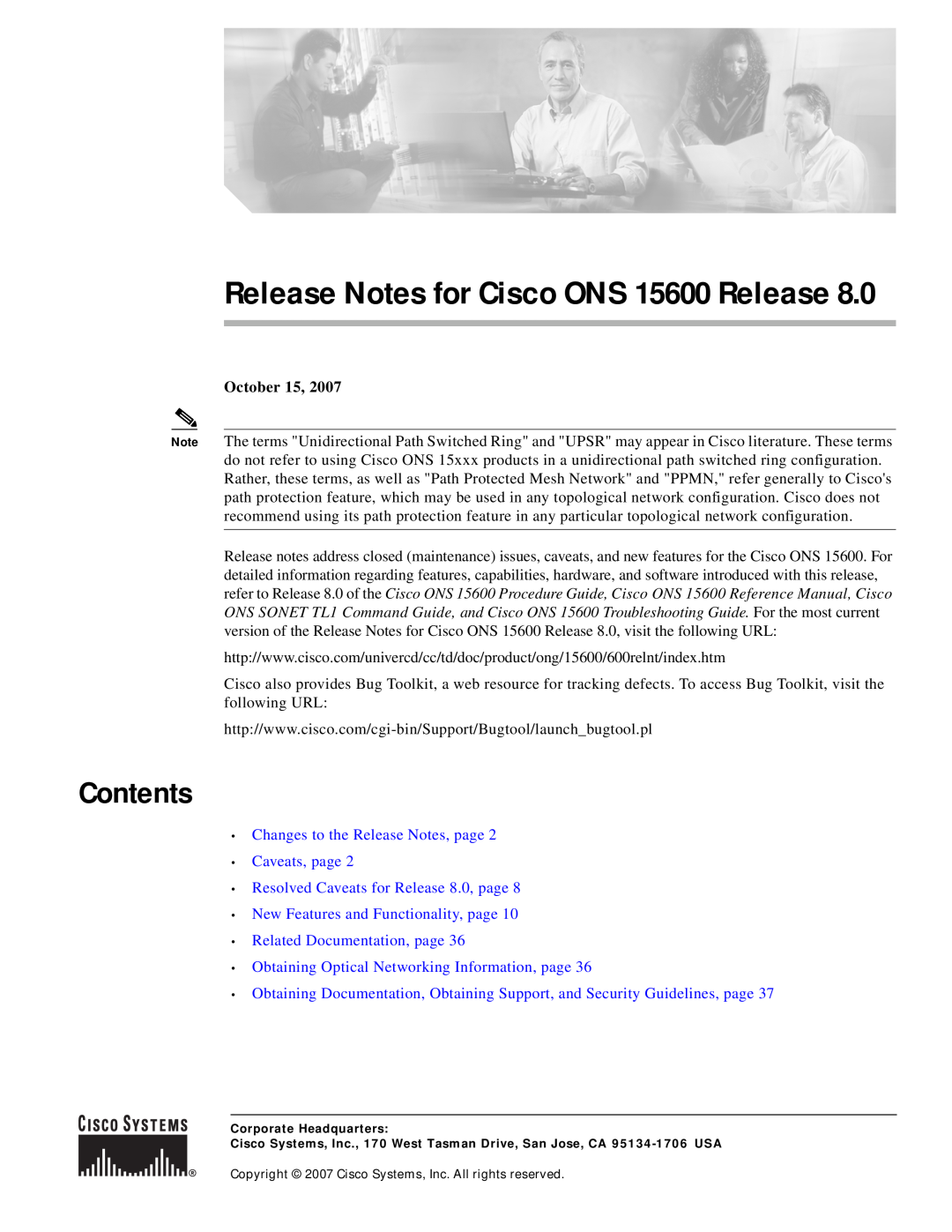 Cisco Systems manual Contents, October 15, Release Notes for Cisco ONS 15600 Release 