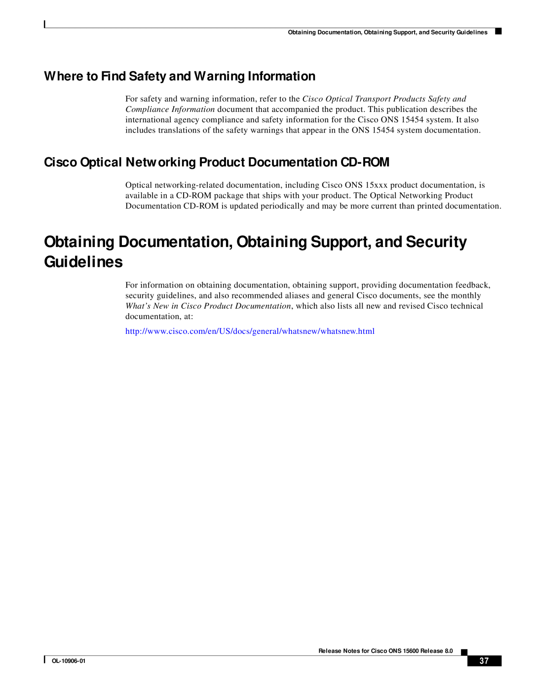 Cisco Systems ONS 15600 manual Obtaining Documentation, Obtaining Support, and Security Guidelines 
