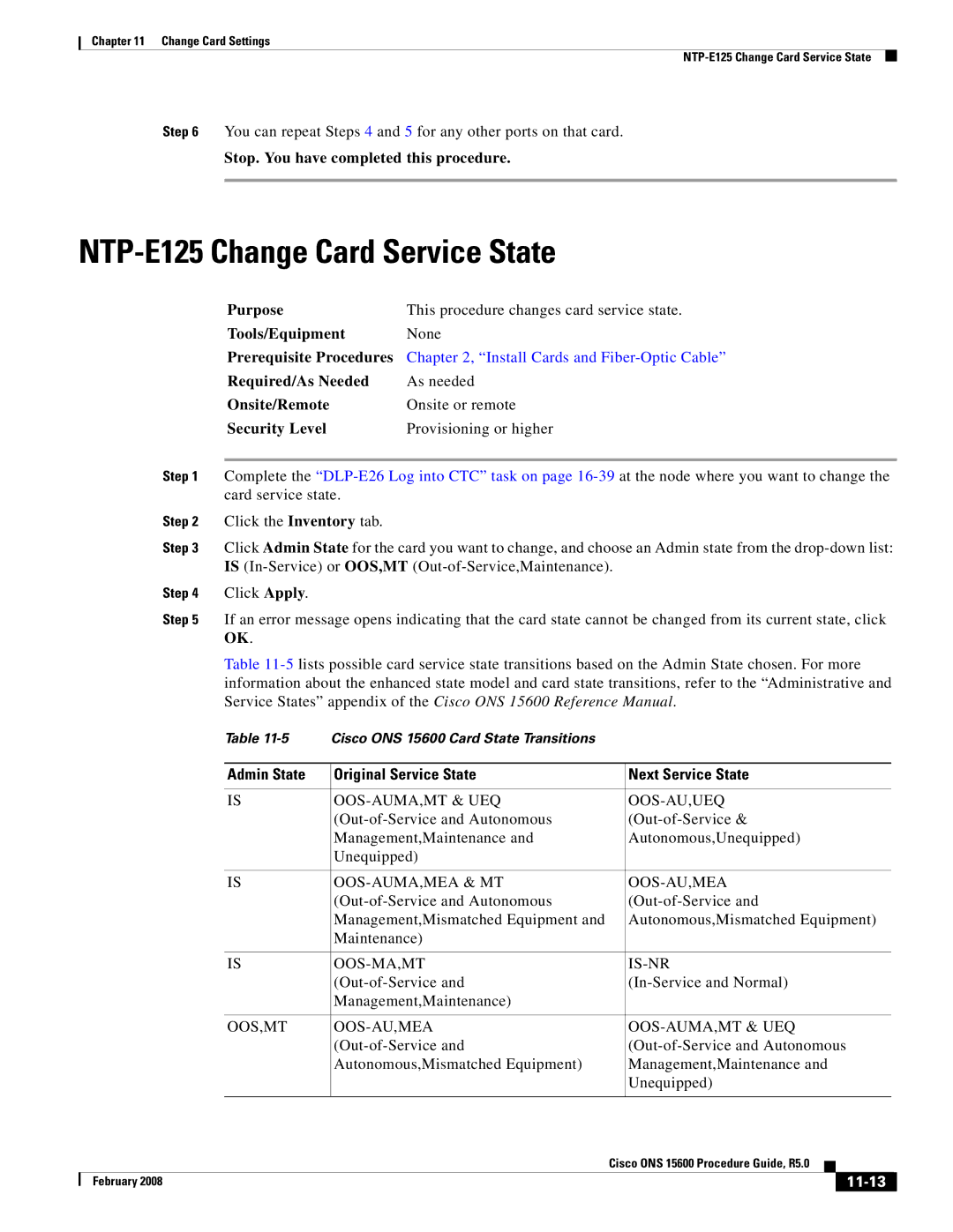 Cisco Systems ONS 15600 NTP-E125 Change Card Service State, Admin State Original Service State Next Service State, 11-13 